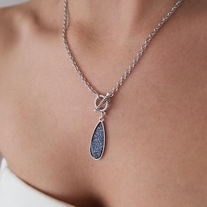 Blue Enamel Floral Teardrop Pendant Necklace: Silver Toggle Clasp