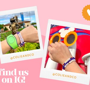 May include: Two photos of a person wearing a colorful beaded bracelet with the text "@COLIEANDCO" on the bottom of each photo. The first photo shows a green MagicBand on the same wrist. The second photo shows the bracelet on a wrist near a red and blue Mickey Mouse themed structure. The text "find us on IG!" is below the photos.