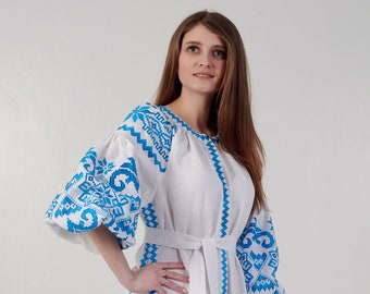 White linen long embroidered dress with turquoise ornament "Alatyr"