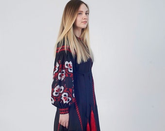 Long black maxi linen dress with red & white embroidery "Clover"