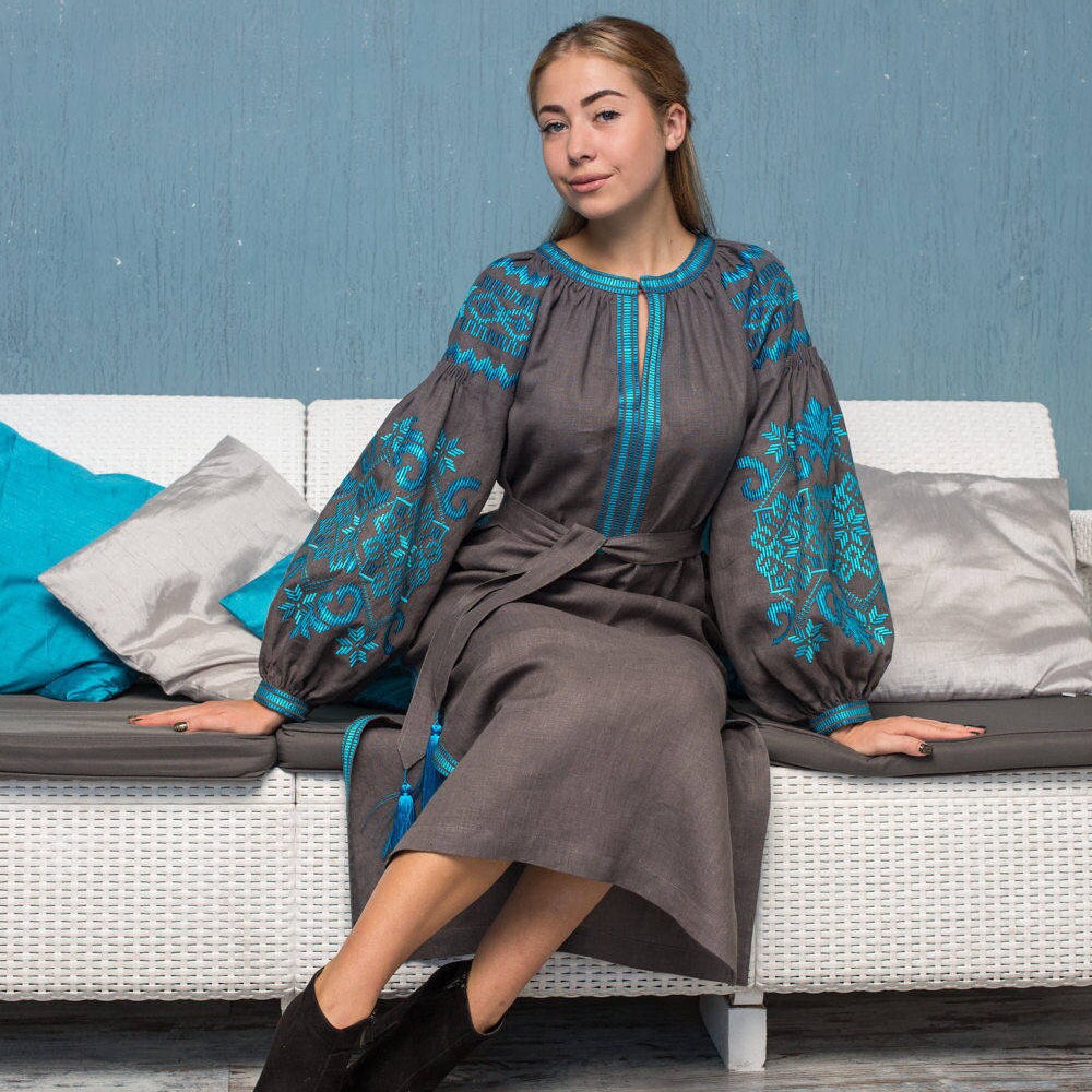 Boho Embroidered Dress Grey Linen Tunic Plus Size Mexican Etsy