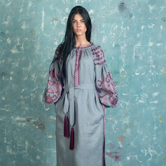 Boho Embroidered Dress Grey Linen Tunic Plus Size Mexican Etsy