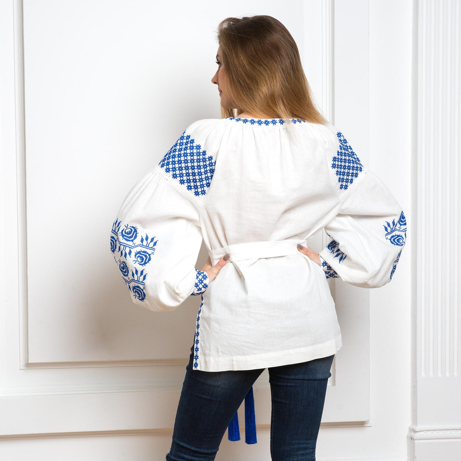 Wavlynn Handmade White Linen Embroidered Blouse With V Neck For Women Autumn Fall Collection main image 1