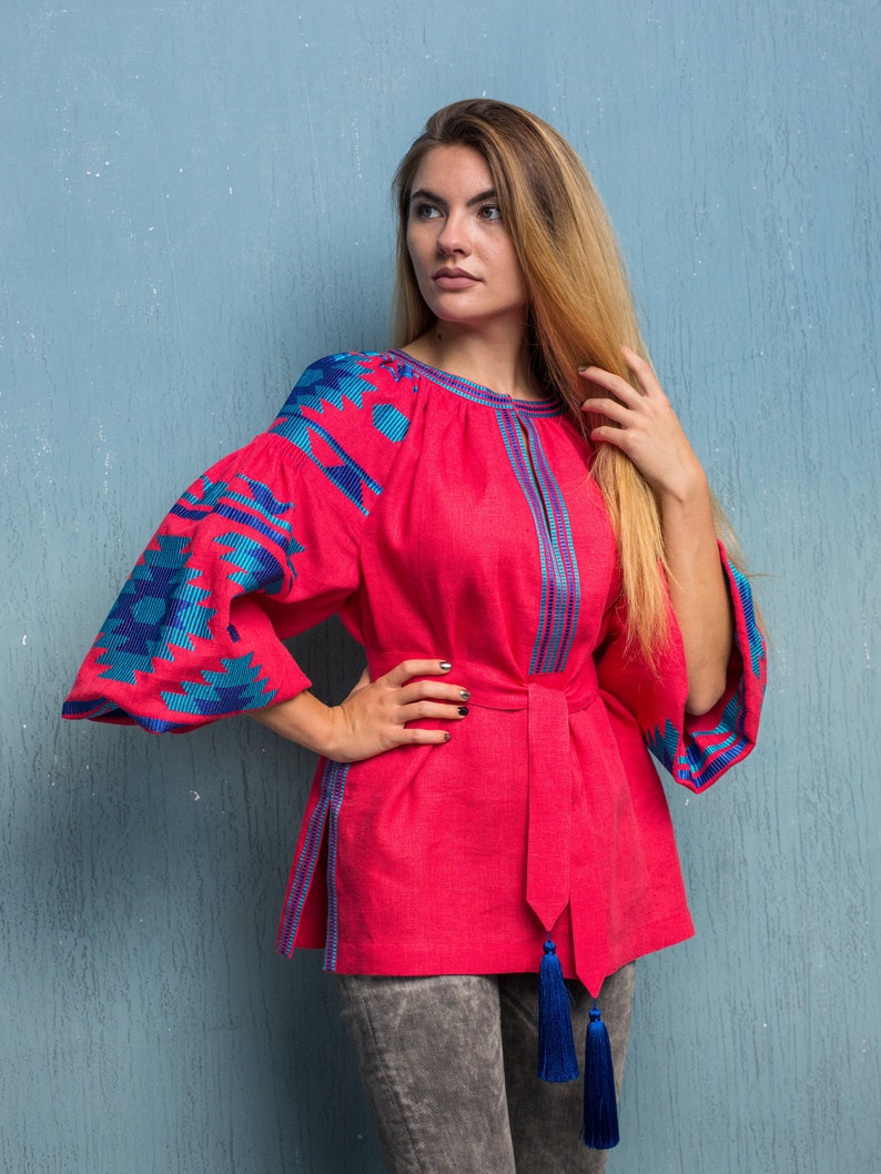 Hot pink linen embroidered blouse-vyshyvanka with geometric | Etsy