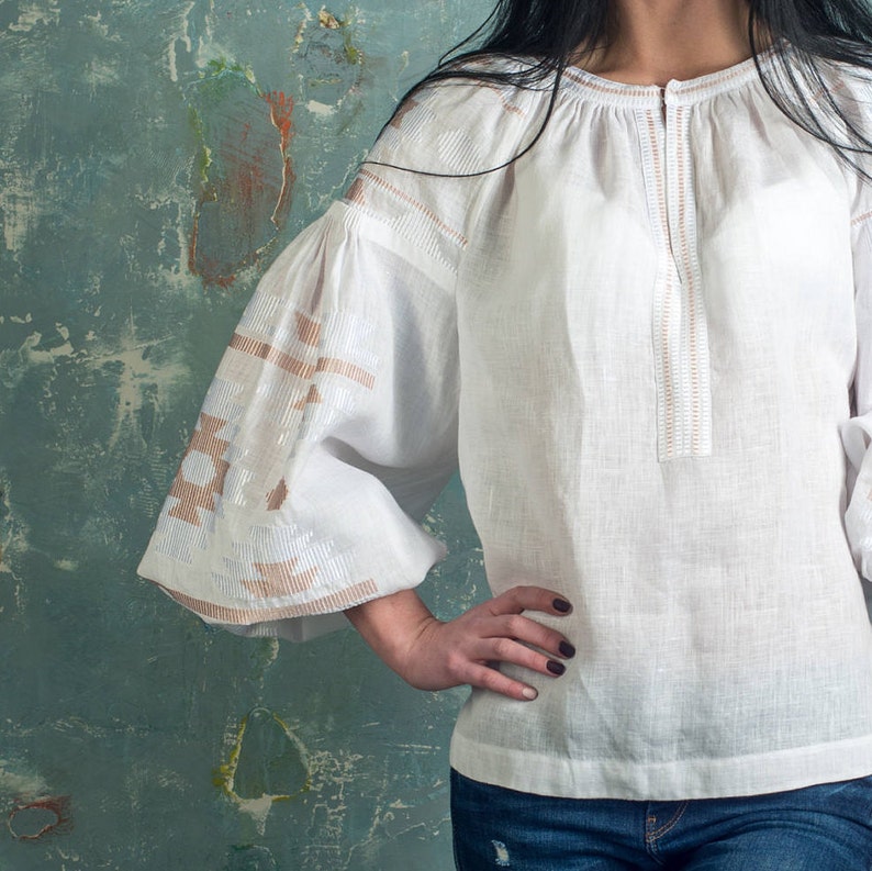 White Linen Embroidered Blouse. Ecofriendly Blouse. Etsy