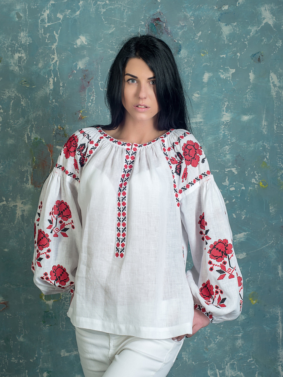 White Ukrainian Vyshyvanka Blouse With Red Roses. Traditional Etsy