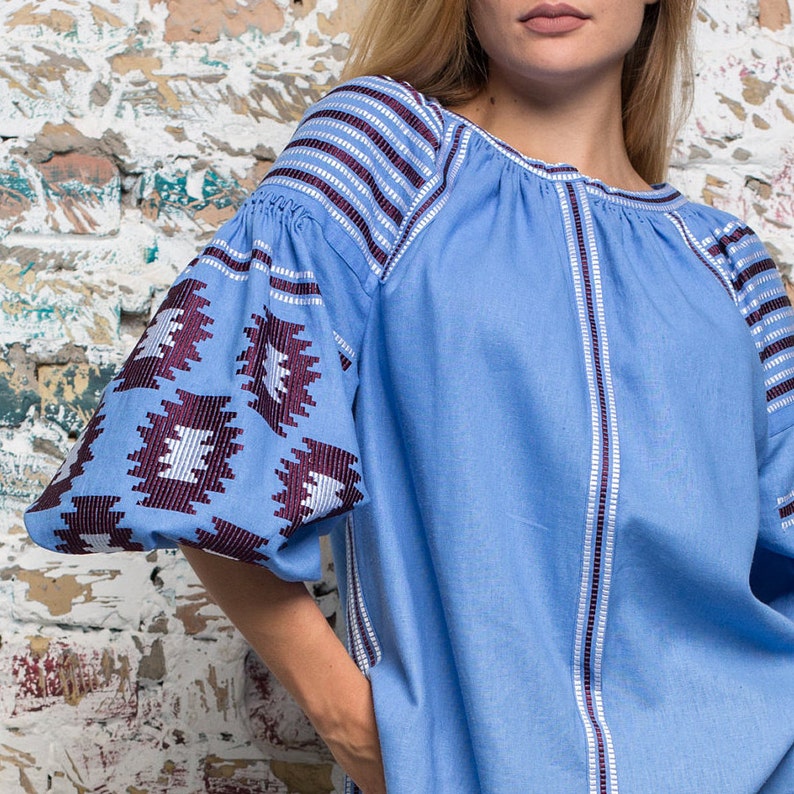 Cornflower Blue Linen Embroidered Blouse. Blue Blouse With Etsy