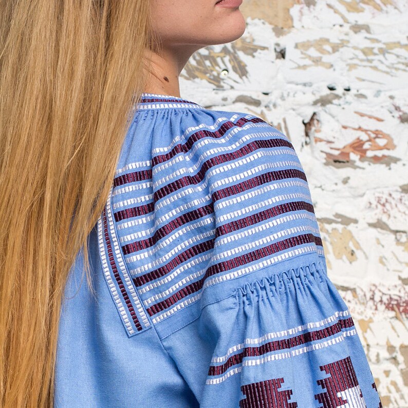 Cornflower Blue Linen Embroidered Blouse. Blue Blouse With Etsy