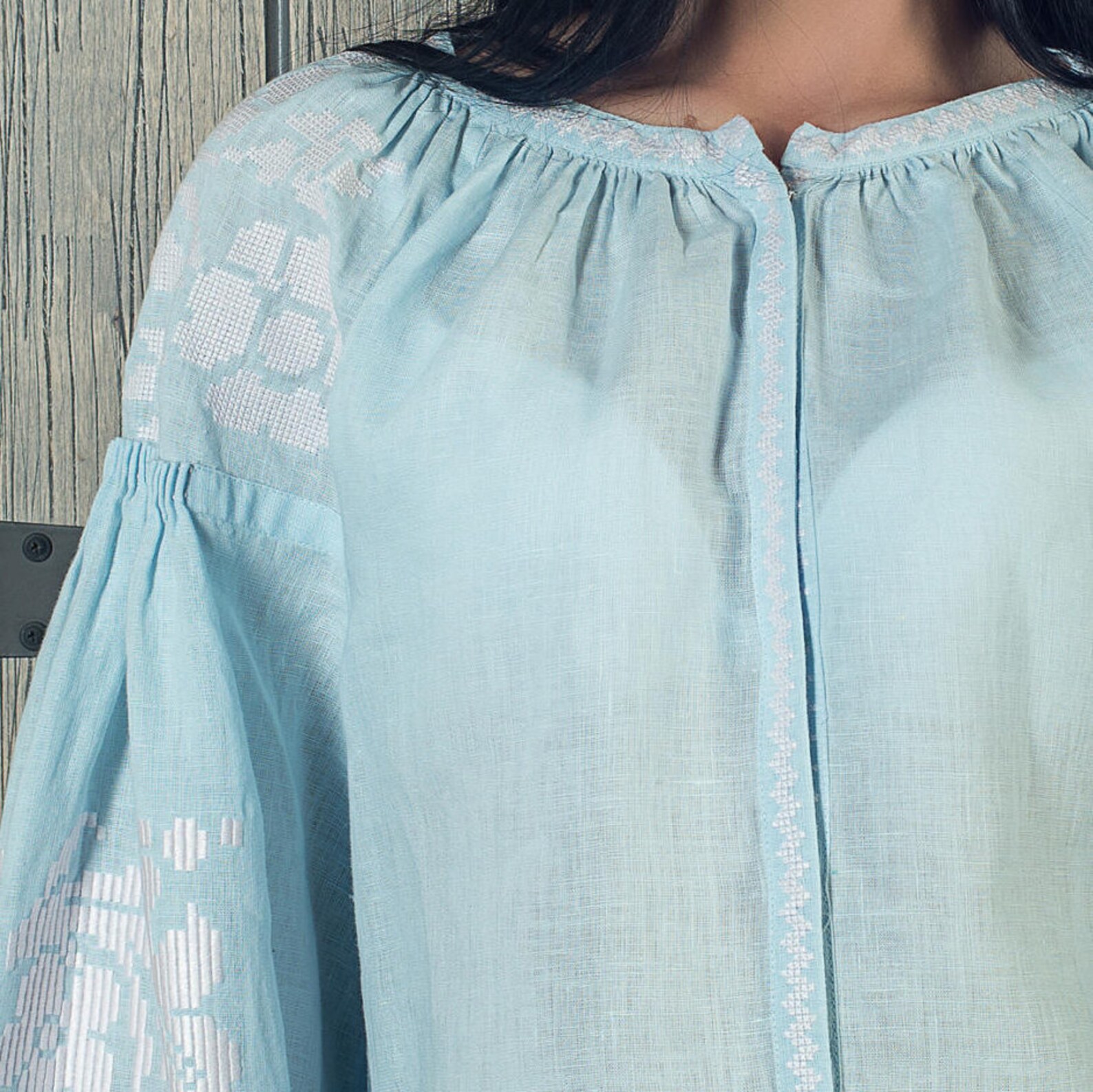 Blue Linen Embroidered Blouse With Rose Floral Ornament. Etsy