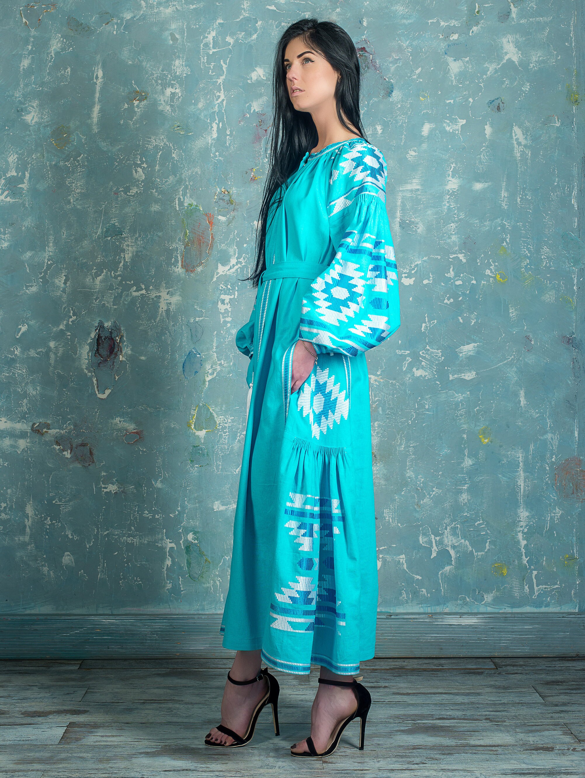 turquoise embroidered dress