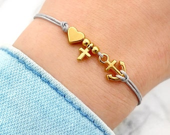Armband „Liebe , Glaube , Hoffnung“ , filigranes Armband mit Herz, Kreuz und Anker, Geschenk, Farbe wählbar