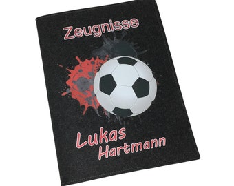 Zeugnismappe mit Namen aus Filz  (A4) incl.zeugniss Hefter dokumentenmappe zeugniss mappe personalisiert Fussball Rot dunkel