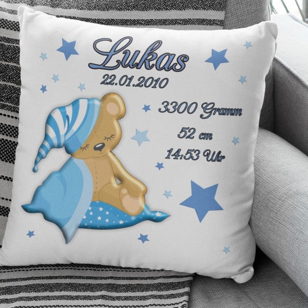 Kissen mit namen Namenskissen Geburt Geschenk personalisiert teddybär Blau taufegeschenk