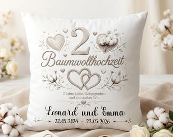 Baumwollhochzeit Kissen personalisiert | 2. Hochzeitstag Geschenk | Kissen mit Namen | Baumwollhochzeit Geschenk Ehefrau Ehemann