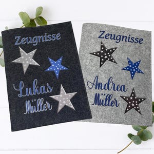 Zeugnismappe Sterne Blau Grau A4 personalisiert – Filzmappe mit Name – Geschenk Einschulung Junge – Urkundenmappe Ordner