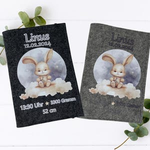 U-Heft Hülle Hase personalisiert – Filz – Geschenk zur Geburt – Baby Junge/Mädchen – mit Name & Geburtsdaten – mit Fach für Impfpass