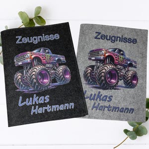 Zeugnismappe Monstertruck personalisiert Filz A4 – Filzmappe mit Name – Einschulung Geschenk Junge – Schulmappe Ordner Urkunden Schule