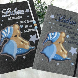 U Heft Hülle mit Namen Filz personalisiert | Impfpass Teddybär blau| Untersuchungsheft Hülle filz Geschenk Geburt | Junge Mädchen taufe