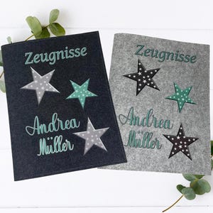 Zeugnismappe Sterne Mint Grau A4 personalisiert – Filzmappe mit Name – Geschenk Einschulung Junge Mädchen – Urkundenmappe Zeugnisordner
