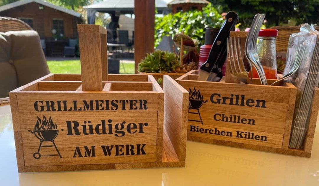 Grill Geschenk personalisiert Grillmeister Grill Utensilo für Besteck