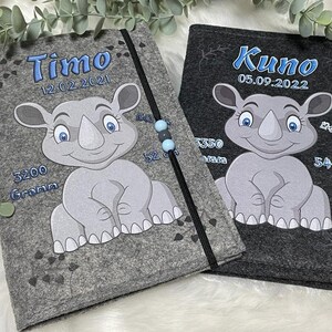 U Heft Hülle mit Namen Filz personalisiert | Impfpass Nashorn | Untersuchungsheft Hülle filz Geschenk Geburt | Junge Mädchen taufe