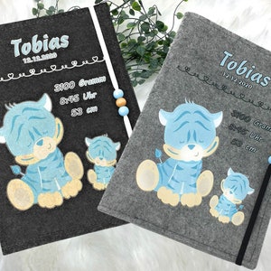U Heft Hülle mit Namen Filz personalisiert | Impfpass Tiger Blau | Untersuchungsheft Hülle filz Geschenk Geburt | Junge Mädchen taufe