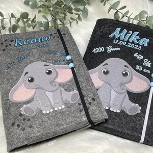 U Heft Hülle mit Namen Filz personalisiert | Impfpass Elefant Blau | Untersuchungsheft Hülle filz Geschenk Geburt | Junge Mädchen taufe