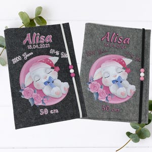 U-Heft Hülle Häschen rosa personalisiert – mit Impfpassfach – Geschenk zur Geburt Mädchen – Filzhülle Baby mit Name & Geburtsdaten