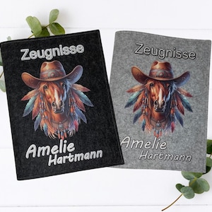 Zeugnismappe Pferd personalisiert A4 – Western Pferdemotiv – Filzmappe mit Name – Geschenk Einschulung Mädchen – Schulmappe Schule