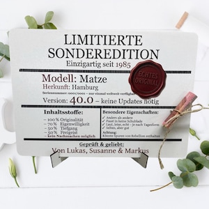 Geldgeschenk zum 30. 40. 50. 60. Geburtstag – Geschenkidee personalisiert – Männer & Frauen lustige Deko – Typenschild – Geburtstagsgeschenk