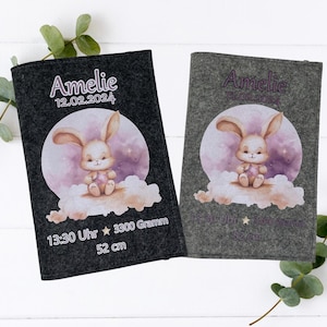 U-Heft Hülle Hase rosa – personalisiert – Filz – Geschenk zur Geburt – Mädchen Baby – mit Name & Geburtsdaten – Fach für Impfpass