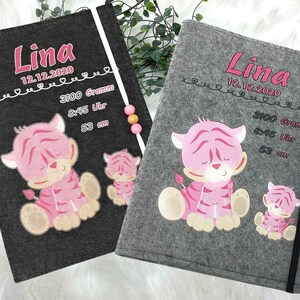 U Heft Hülle mit Namen Filz personalisiert | Impfpass Tiger Rosa | Untersuchungsheft Hülle filz Geschenk Geburt | Junge Mädchen taufe