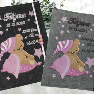 U Heft Hülle mit Namen Filz personalisiert | Impfpass Teddybär Rosa | Untersuchungsheft Hülle filz Geschenk Geburt | Junge Mädchen taufe