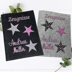 Zeugnismappe Sterne Rosa A4 personalisiert – Filzmappe mit Name – Mädchen Geschenk Einschulung – Grundschule – Sterne Grau Geschenkidee