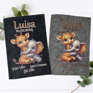 U-Heft Hülle Elefant & Giraffe – personalisiert – Filz – Geschenk zur Geburt – Baby Mädchen/Junge – mit Name und Fach für Impfpass