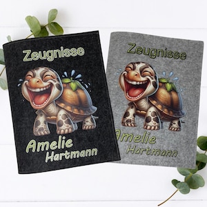 Zeugnismappe Schildkröte A4 personalisiert – lustiges Tiermotiv – Filzmappe mit Name – Geschenk Einschulung Kind – Grundschule