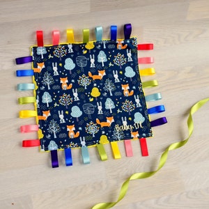 Taggie personalised. Baby shower gift. New baby gift. Baby sensory toy. Taggie blanket. Plush unique sensory gift. Newborn baby gift