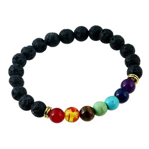 Black Lava Stone Bead Bracelet with 7 Multi-Color Crystal Beads and Gold Accent – Stackable Stretch Bracelet with Natural Gemstones