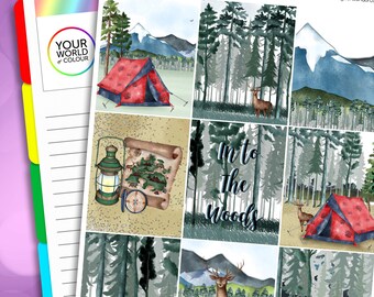Into The Woods Planner Sticker Kit for use with Vertical Planners, Weekly Kit, Vertical Planner, Camping, Tent, Mountains, Bear, Deer