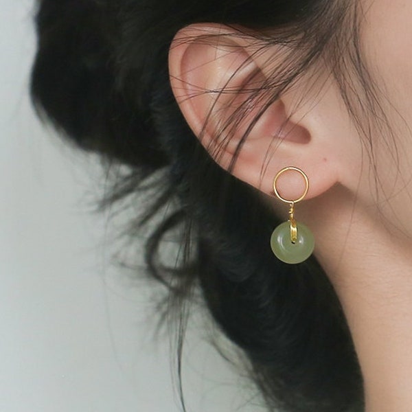 thumbnail image 2 of Natural Hetian Jade Earrings Green Chinese Jasper Old-Type Bead 2 of 11
