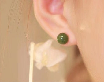 Natural Jade Earrings, 6mm 8mm Jade Stud Earrings, Jade Earring Stud, Green Jade Earrings, S925 Sterling Silver Earring, Green Jade Earrings