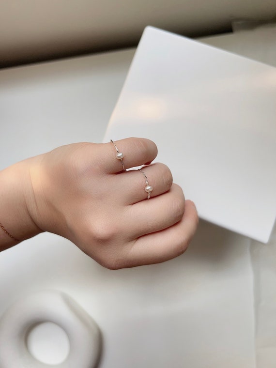 Freshwater Pearl Ring Tiny Pearl Ring Mini Pearl Chain Ring S925 Sterling Silver Wire Ring Gold Filled Chain Ring Stackable Ring