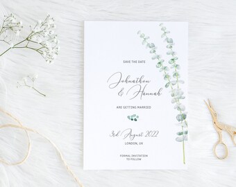 A6 Save The Date with eucalyptus foliage and calligraphy font. PDF printable at home