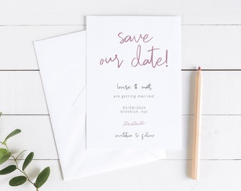 A6 Save Our Date Card Wedding Invitation with Handwritten Style font on White Background - Modern stationery pdf Printable at home