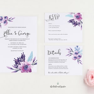 Wedding invitation stationery with watercolour purple lilac flowers & calligraphy, mauve lavender floral theme, PDF printable at home image 1