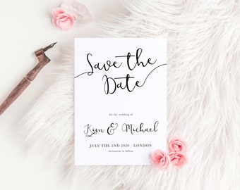 Save The Date with elegant calligraphy font, a beautiful invite for a modern wedding. PDF printable at home