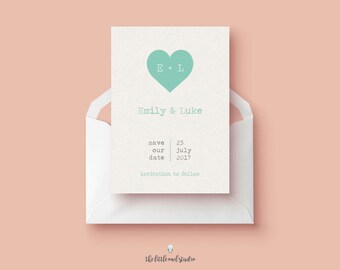 A6 Save The Date with a pastel heart and a typewriter font, Cute, Simple barn wedding diy digital invitation