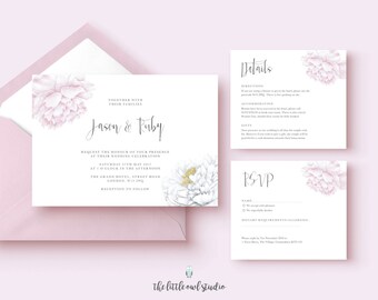 Wedding invitation stationery with pink and white peonies illustrations, also with grey calligraphy font. Floral printable PDF with RSVP