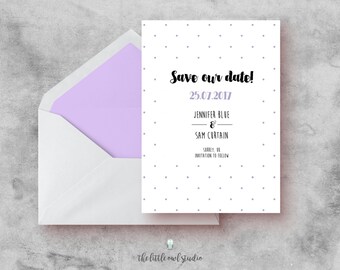 5x7” Save the Date for your wedding with pastel colourful polka dots and brush calligraphy fonts - a digital PDF to print at home