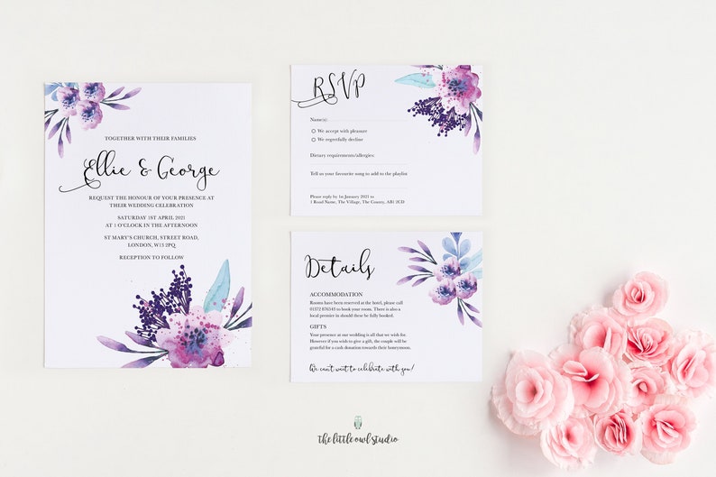 Wedding invitation stationery with watercolour purple lilac flowers & calligraphy, mauve lavender floral theme, PDF printable at home image 1